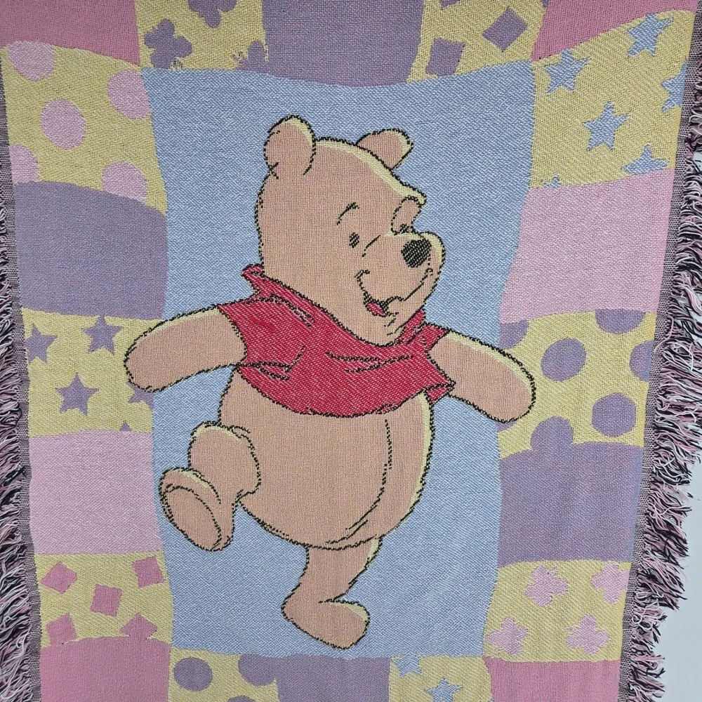 Disney Winnie the Pooh Vintage Woven Tapestry Throw Blanket Pink Purple Pastel